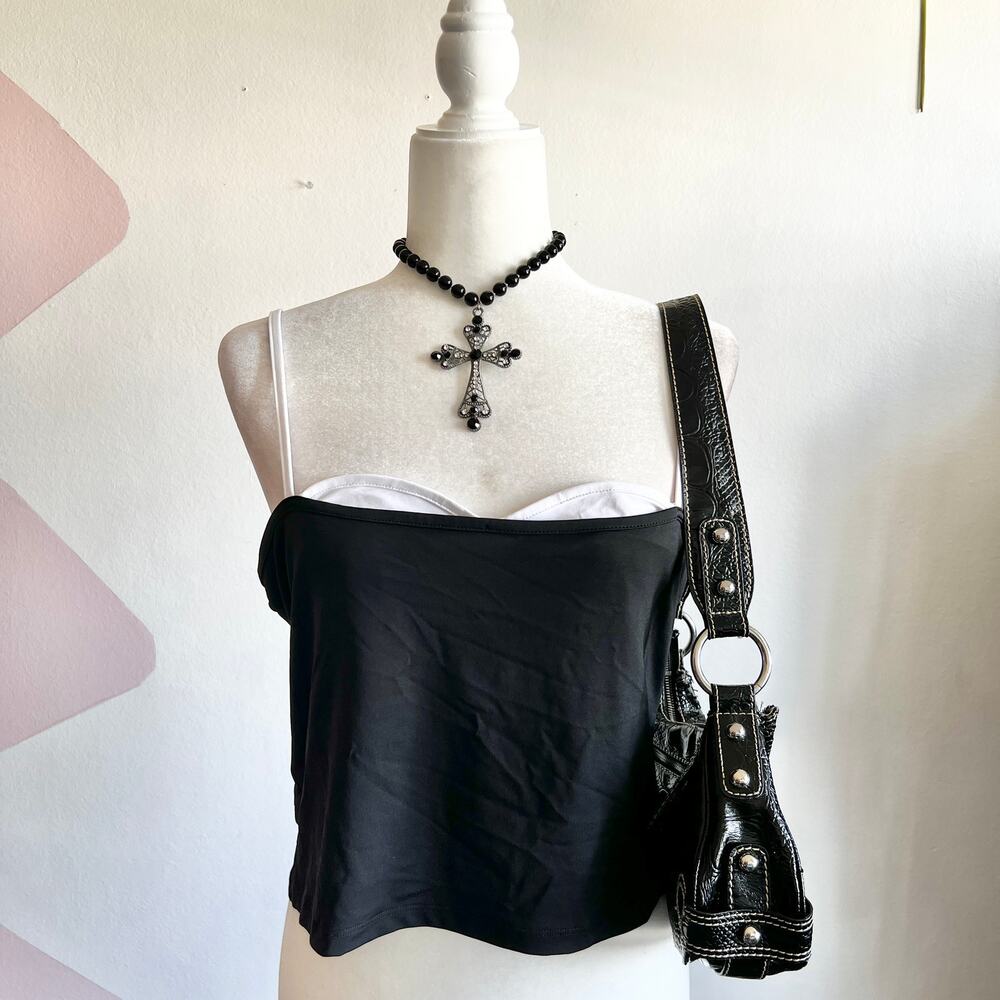 Black Layered Top, Y2K Grunge Indie Sleaze Minimalist Soft Goth Large‎
